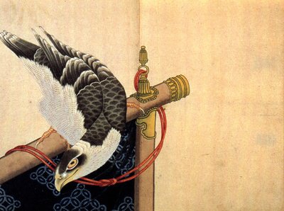 Falke auf einem zeremoniellen Stand von Katsushika Hokusai